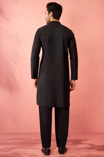 Black fine satin kurta with pyjama - traditional embroidered festive set