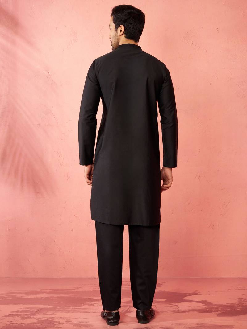 Black fine satin kurta with pyjama - traditional embroidered festive set