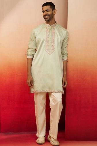 pista green embroidered kurta with palazzo - fresh traditional set