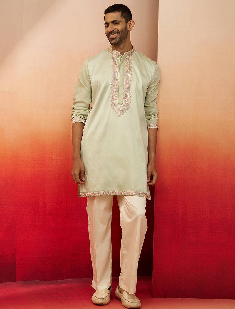 pista green embroidered kurta with palazzo - fresh traditional set