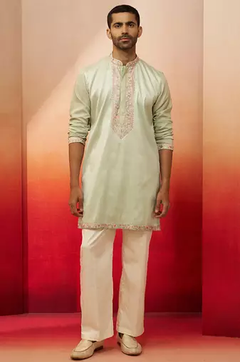 pista green embroidered kurta with palazzo - fresh traditional set