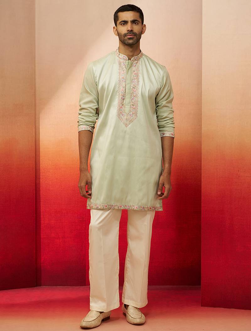 pista green embroidered kurta with palazzo - fresh traditional set