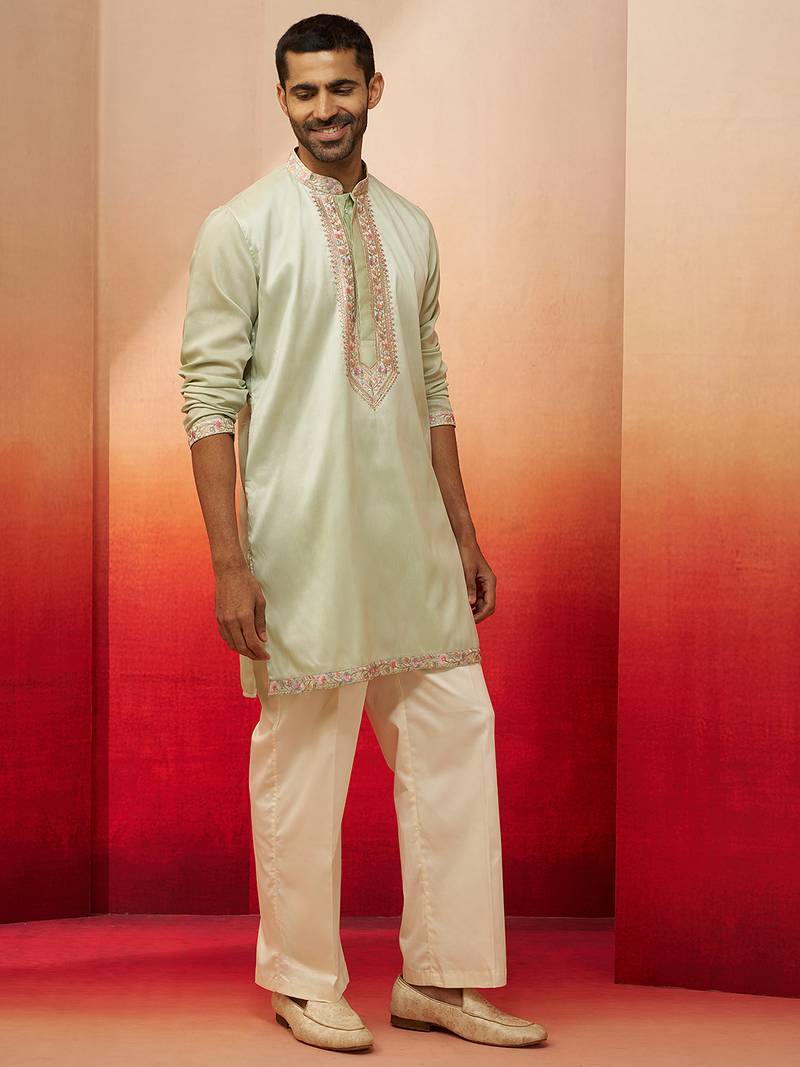 pista green embroidered kurta with palazzo - fresh traditional set