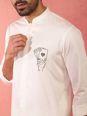 White fine satin stone work kurta with cream flare pant - festive set 2