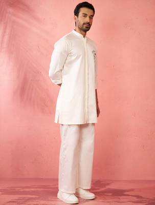 White fine satin stone work kurta with cream flare pant - festive set 4