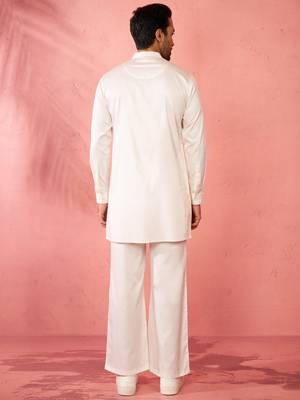 White fine satin stone work kurta with cream flare pant - festive set 5