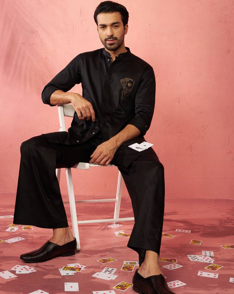 Black fine satin stone work kurta with black flare pant - royal set