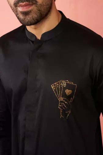 Black fine satin stone work kurta with black flare pant - royal set