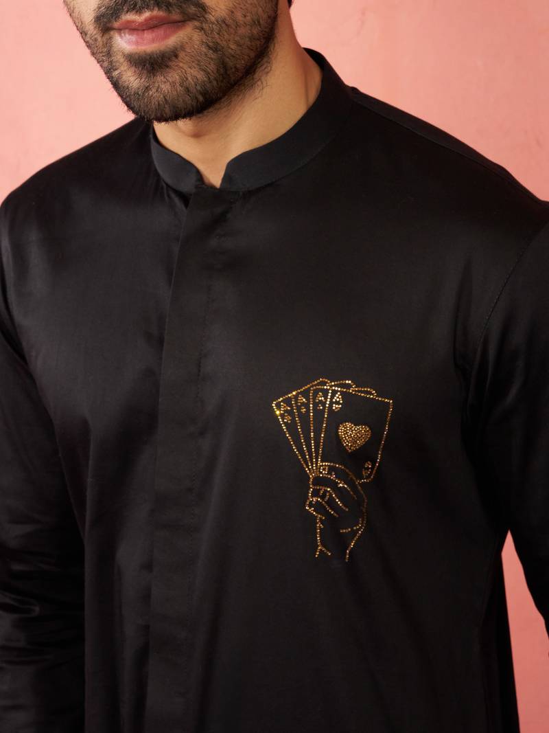 Black fine satin stone work kurta with black flare pant - royal set