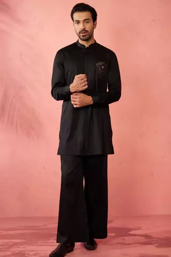 Black fine satin stone work kurta with black flare pant - royal set