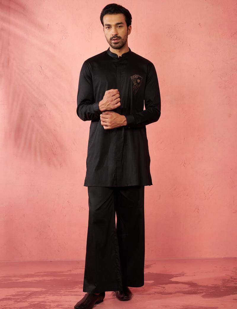Black fine satin stone work kurta with black flare pant - royal set