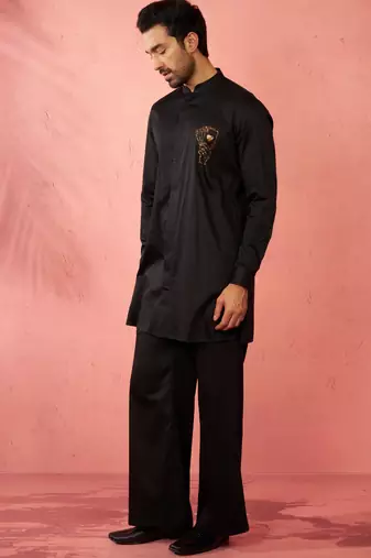 Black fine satin stone work kurta with black flare pant - royal set