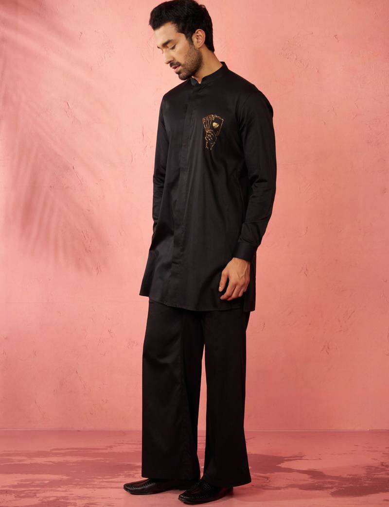 Black fine satin stone work kurta with black flare pant - royal set