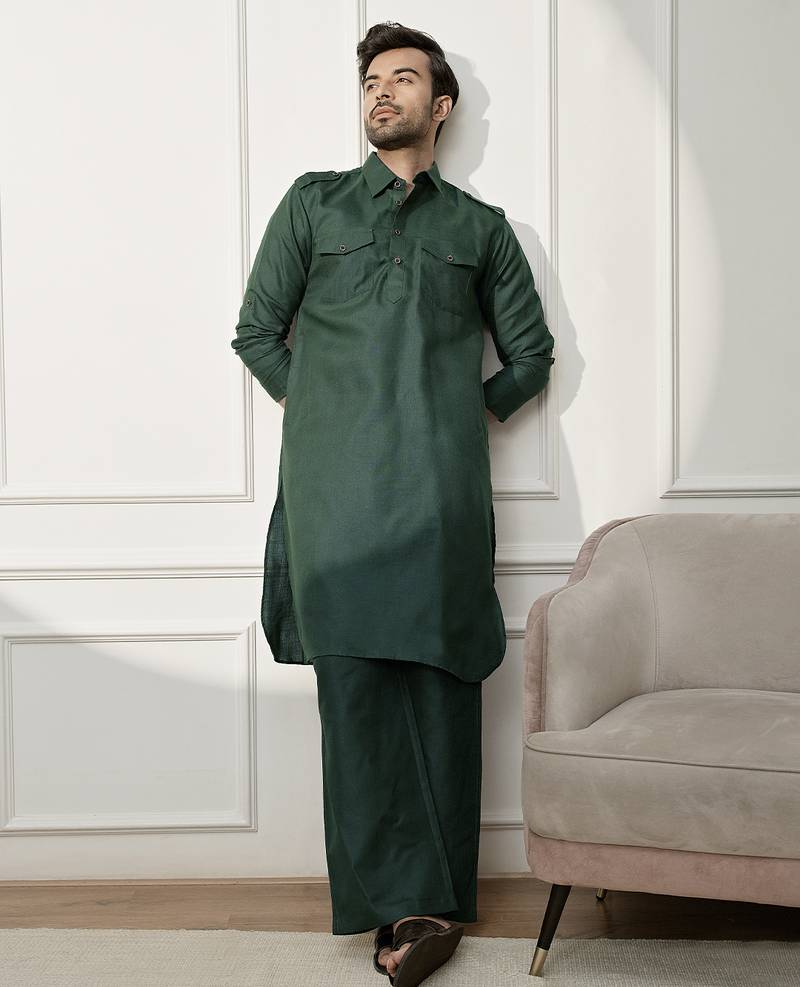 Men’s mehendi green kurta & palazzo cotton set