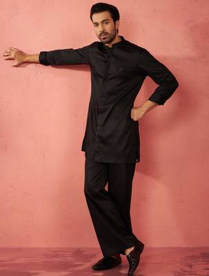 Black fine satin stone work kurta with flare pant - designer set 1