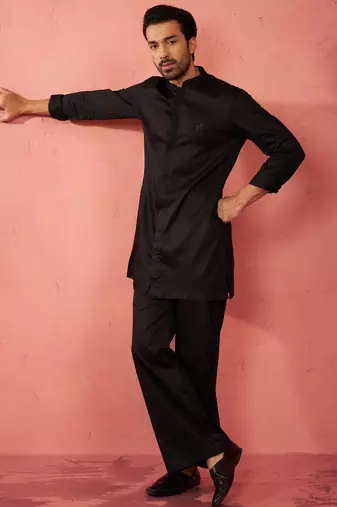 Black fine satin stone work kurta with flare pant - designer set