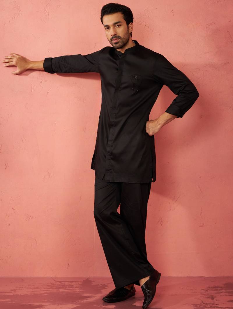 Black fine satin stone work kurta with flare pant - designer set