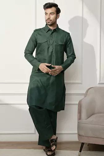 Men   s mehendi green kurta & palazzo cotton set