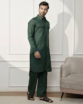 Men   s mehendi green kurta & palazzo cotton set 4