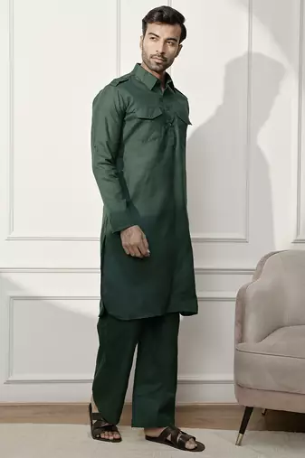 Men   s mehendi green kurta & palazzo cotton set