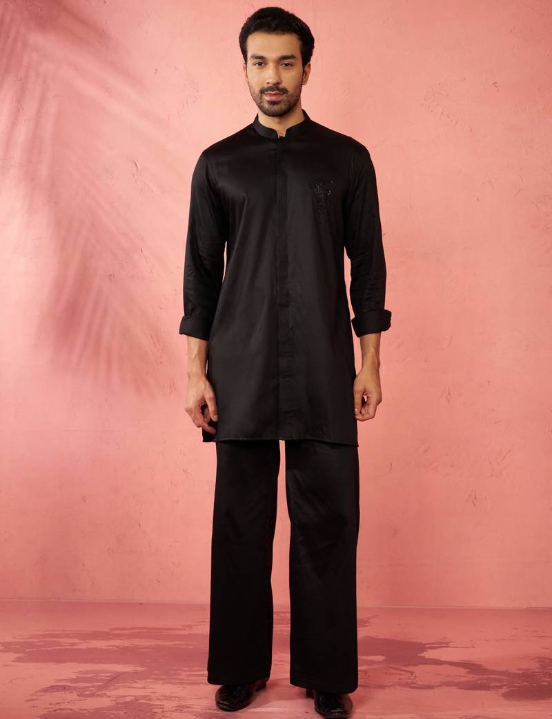 Black fine satin stone work kurta with flare pant - designer set