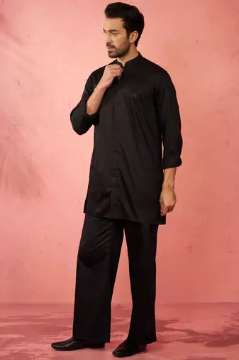 Black fine satin stone work kurta with flare pant - designer set