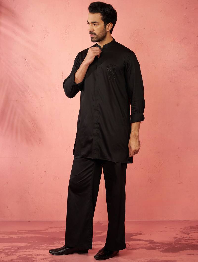 Black fine satin stone work kurta with flare pant - designer set