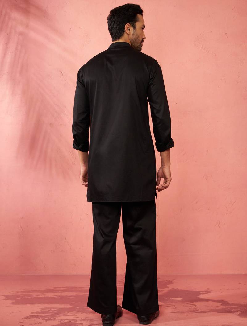 Black fine satin stone work kurta with flare pant - designer set