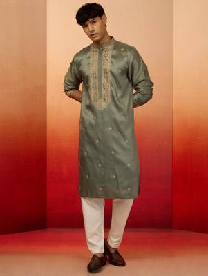 Mint green silk blend resham embroidered kurta with cream pyjama - premium festive set 1