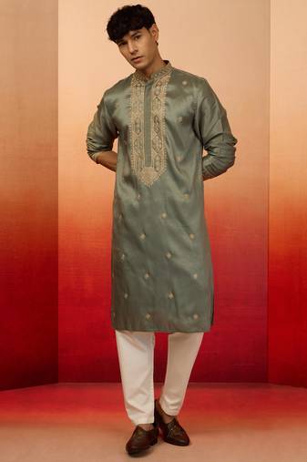 Mint green silk blend resham embroidered kurta with cream pyjama - premium festive set