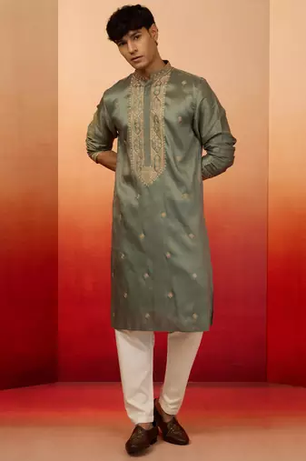 Mint green silk blend resham embroidered kurta with cream pyjama - premium festive set