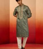Mint green silk blend resham embroidered kurta with cream pyjama - premium festive set