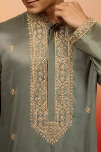 Mint green silk blend resham embroidered kurta with cream pyjama - premium festive set
