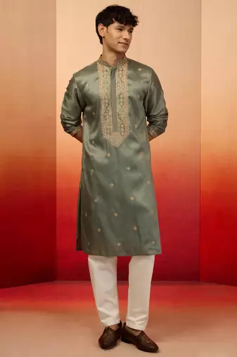 Mint green silk blend resham embroidered kurta with cream pyjama - premium festive set