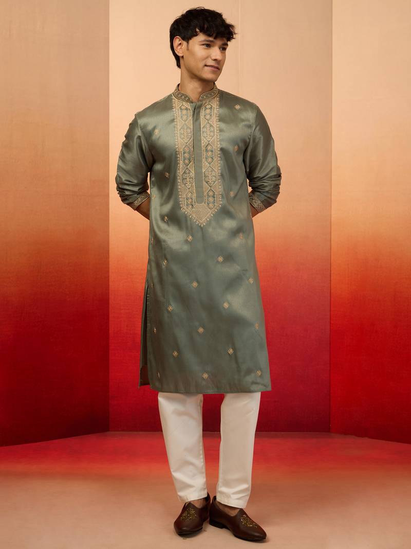 Mint green silk blend resham embroidered kurta with cream pyjama - premium festive set