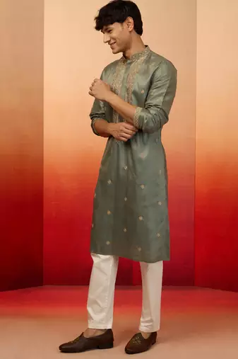 Mint green silk blend resham embroidered kurta with cream pyjama - premium festive set