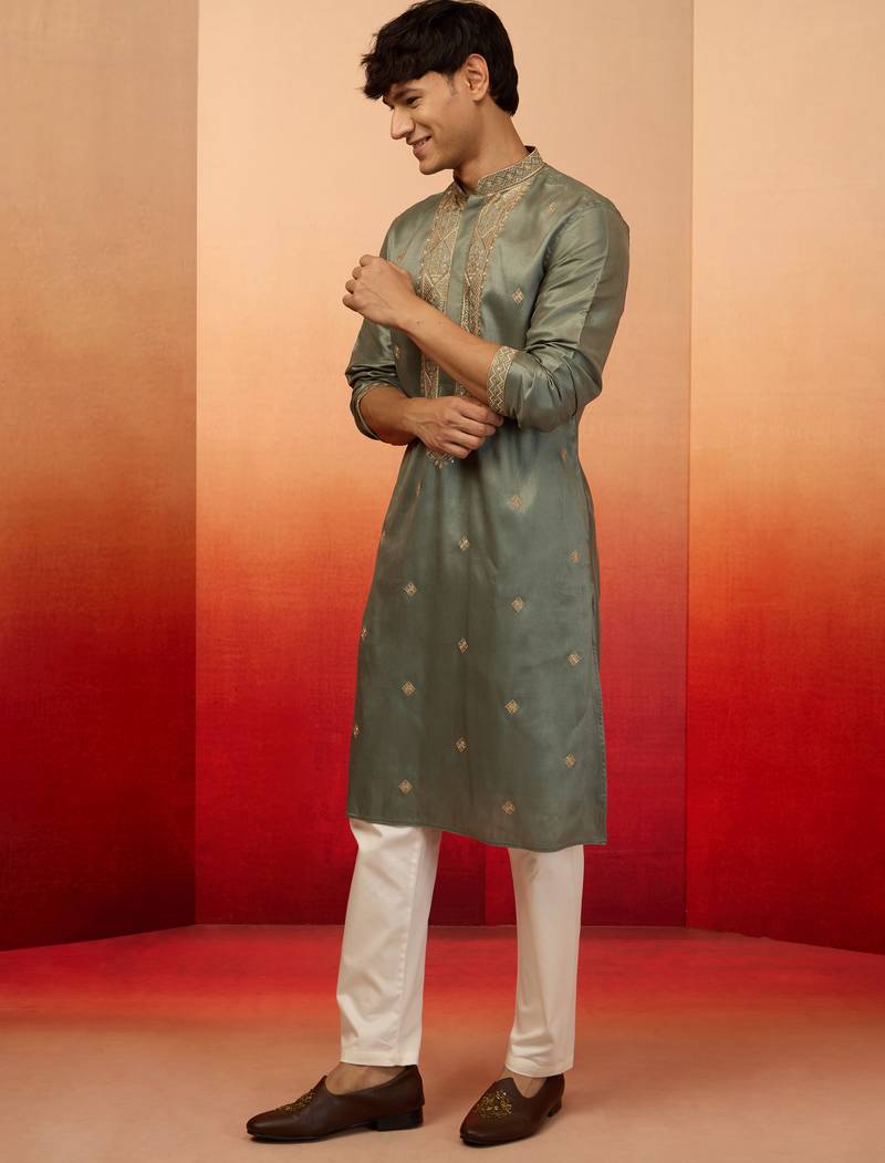 Mint green silk blend resham embroidered kurta with cream pyjama - premium festive set