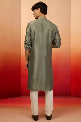 Mint green silk blend resham embroidered kurta with cream pyjama - premium festive set