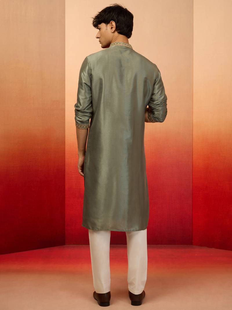 Mint green silk blend resham embroidered kurta with cream pyjama - premium festive set