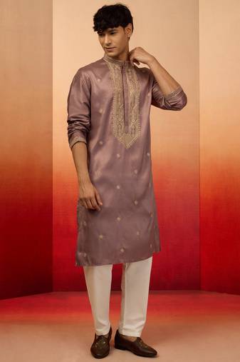 Lavender silk blend resham embroidered kurta with cream pyjama - designer festive set