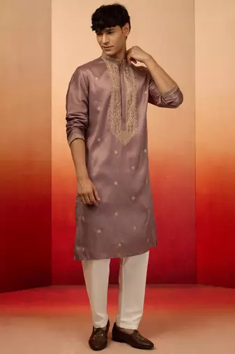 Lavender silk blend resham embroidered kurta with cream pyjama - designer festive set