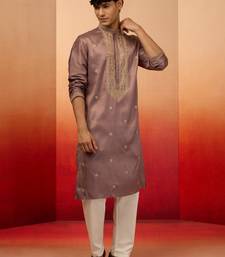 Lavender silk blend resham embroidered kurta with cream pyjama - designer festive set