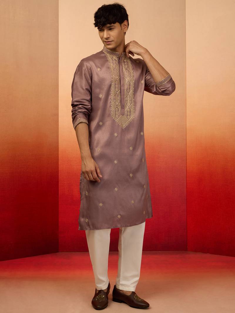 Lavender silk blend resham embroidered kurta with cream pyjama - designer festive set
