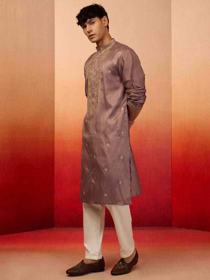 Lavender silk blend resham embroidered kurta with cream pyjama - designer festive set