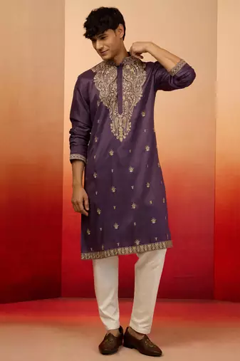 Purple silk blend resham embroidered kurta with cream pyjama - royal festive set