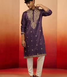 Purple silk blend resham embroidered kurta with cream pyjama - royal festive set