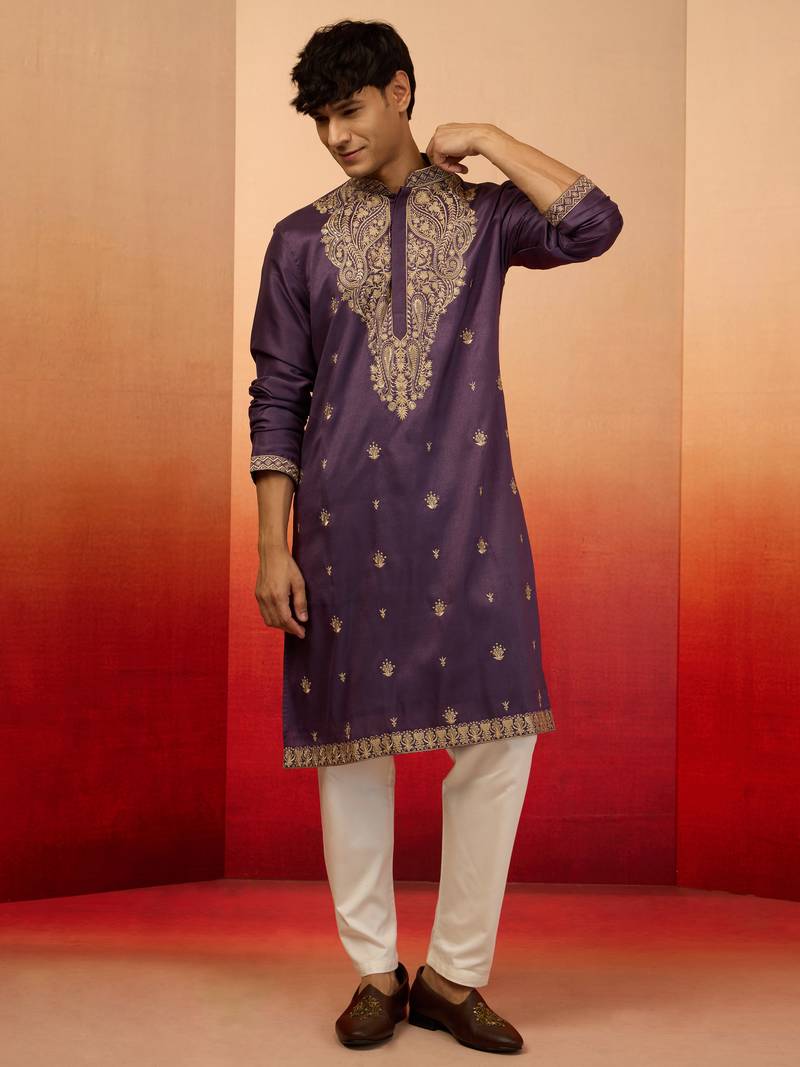 Purple silk blend resham embroidered kurta with cream pyjama - royal festive set
