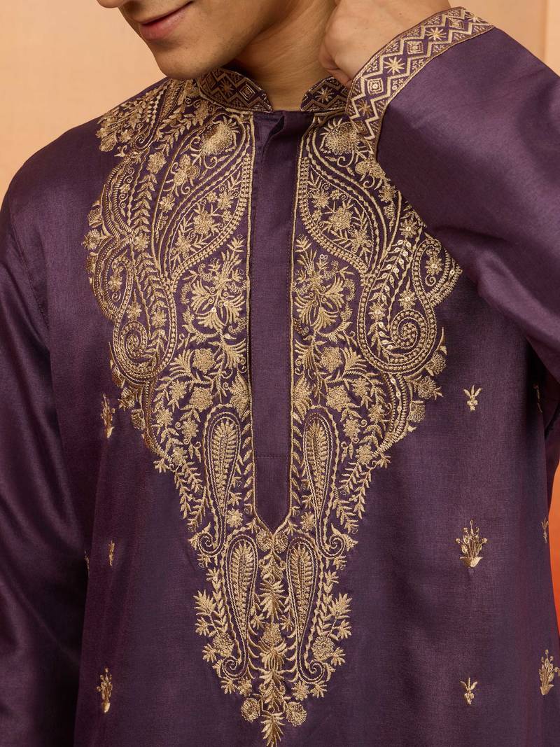 Purple silk blend resham embroidered kurta with cream pyjama - royal festive set