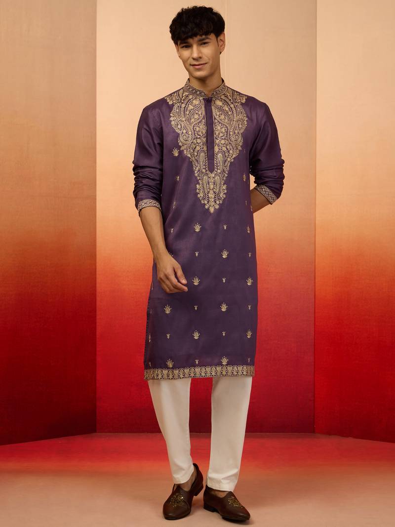 Purple silk blend resham embroidered kurta with cream pyjama - royal festive set