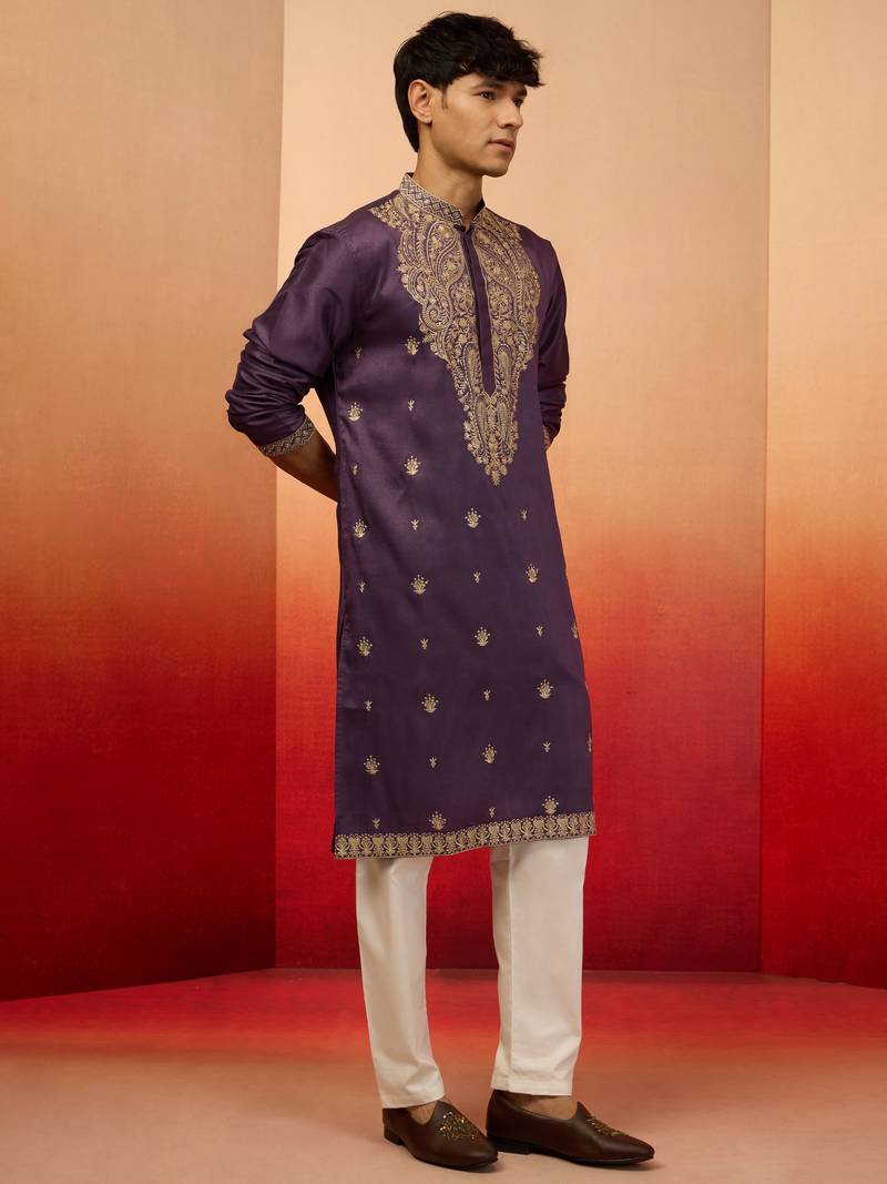 Purple silk blend resham embroidered kurta with cream pyjama - royal festive set